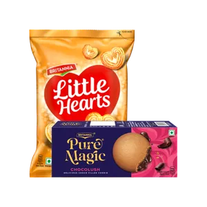 Britannia Little Hearts Classic Crunch Biscuit + Britannia Pure Magic Chocolush Center Filled Cookies (75 g) Combo - Fresh Biscuits & Cookies delivery in Aurangabad by OZO Mart